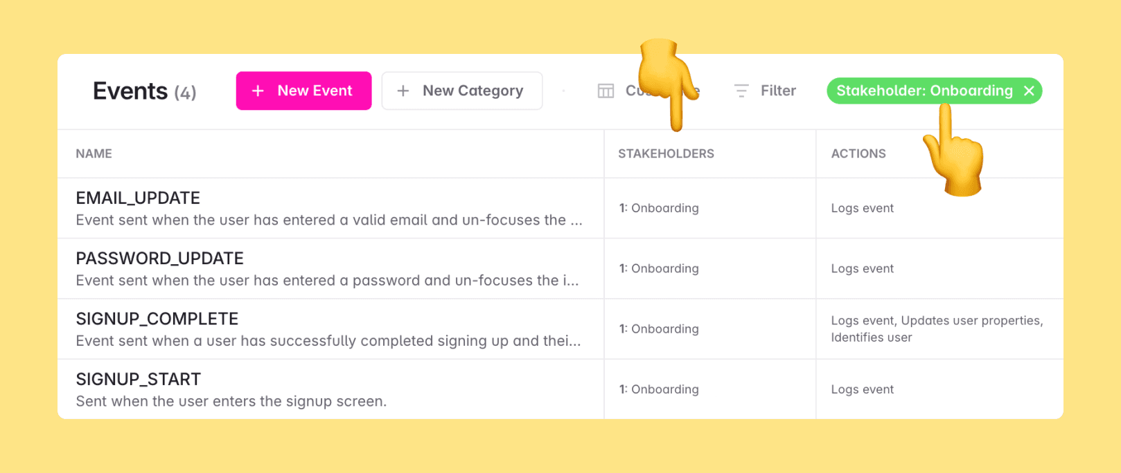 Avo events page with domain filters applied